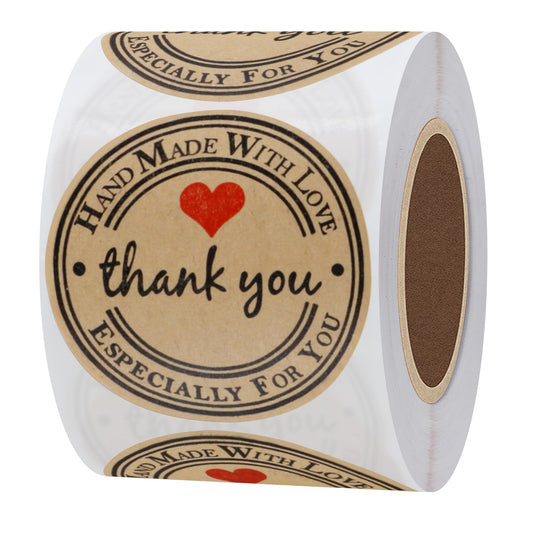 Hybsk Kraft Thank You Hand Made with Love with Red Heart Stickers 2 Inch Round Total 300 Adhesive Labels Per Roll