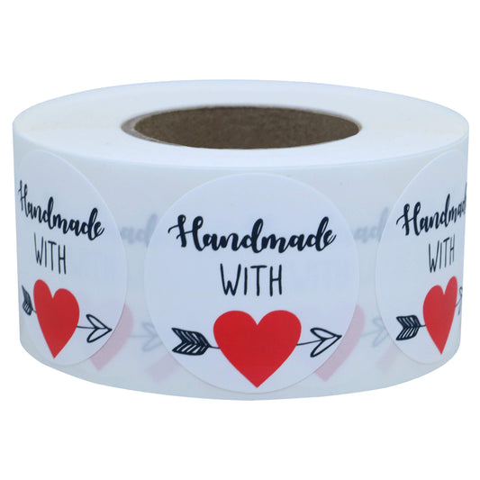 Hybsk Handmade with Love Stickers with Red Love Heart 1.5 Inch Round Total 500 Labels Per Roll