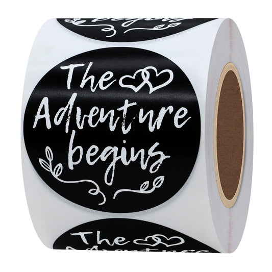 Hybsk The Adventure Begins Stickers -2 inch Round Stickers, for Craft Projects, Weddings and Baby Showers, Wedding Favors - Envelope Tags for Invitations, Gifts & Thank You Notes
