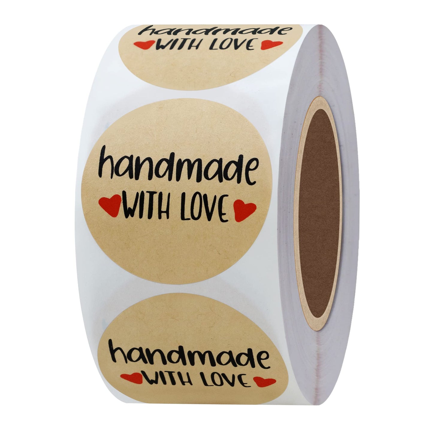 Hybsk Kraft Handmade with Love Stickers with Black Font 1.5" Inch Round Total 500 Adhesive Labels Per Roll