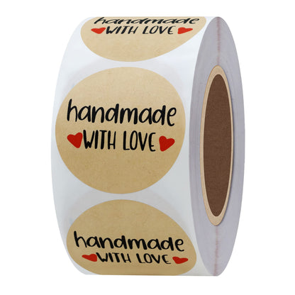 Hybsk Kraft Handmade with Love Stickers with Black Font 1.5" Inch Round Total 500 Adhesive Labels Per Roll