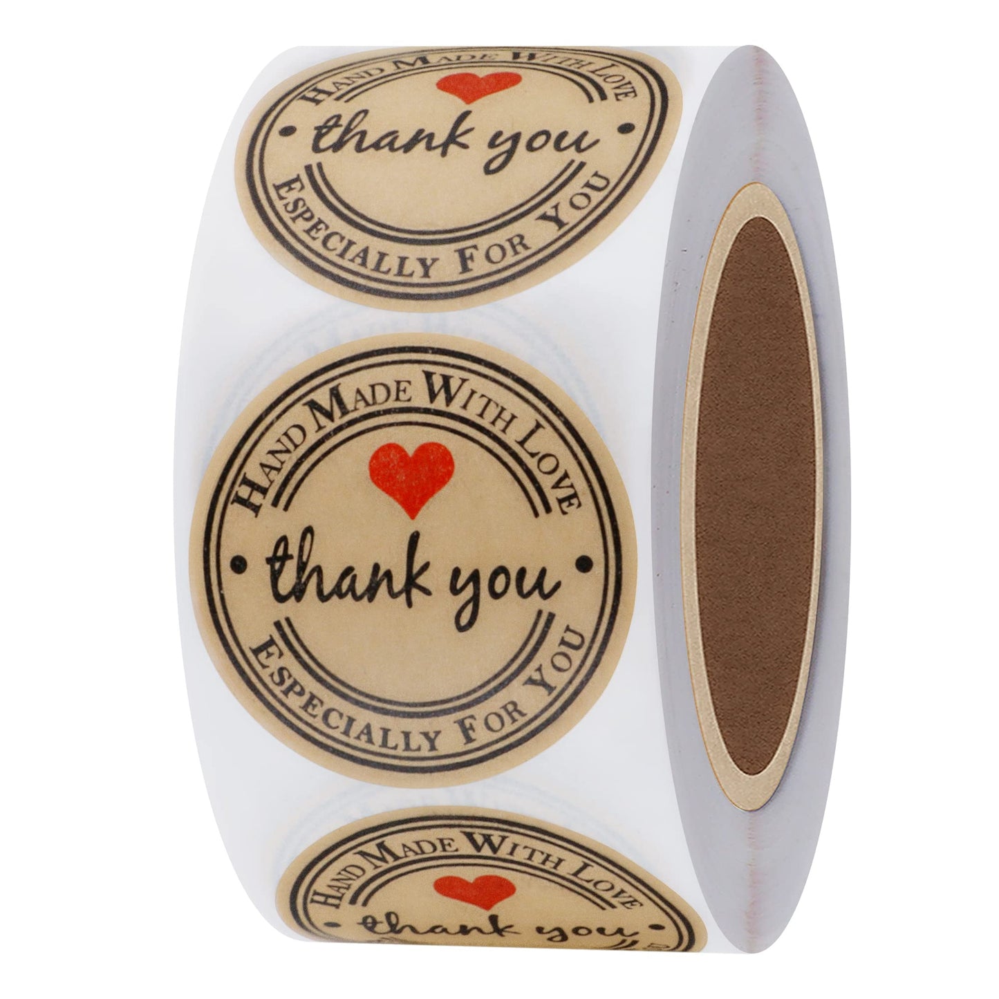 Hybsk Kraft Thank You Hand Made with Love with Red Heart Stickers 1.5" Inch Round Total 500 Adhesive Labels Per Roll