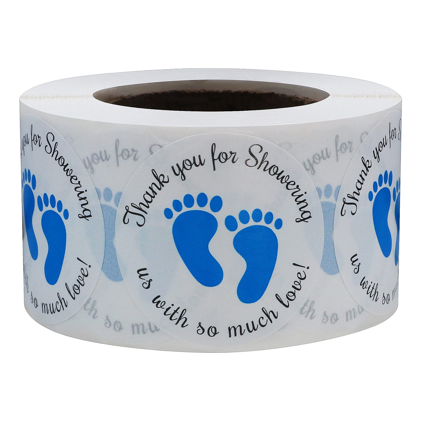 Hybsk 1.5 Inch Round Baby Shower Stickers, Thank You for Showering Us with So Much Love Blue Foot Print Total 500 Labels Per Roll