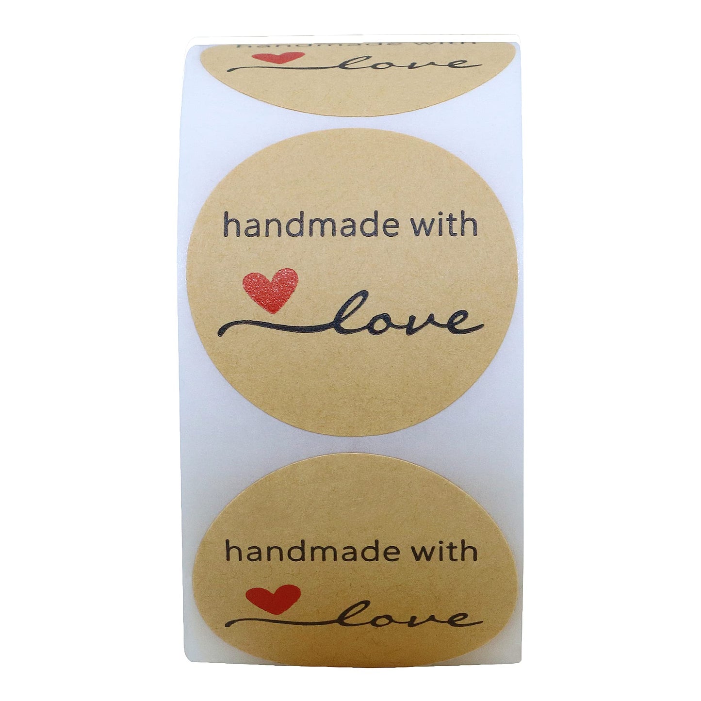 Hybsk Kraft Handmade with Love Stickers 1.5" Inch Round Total 500 Adhesive Labels Per Roll