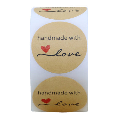 Hybsk Kraft Handmade with Love Stickers 1.5" Inch Round Total 500 Adhesive Labels Per Roll