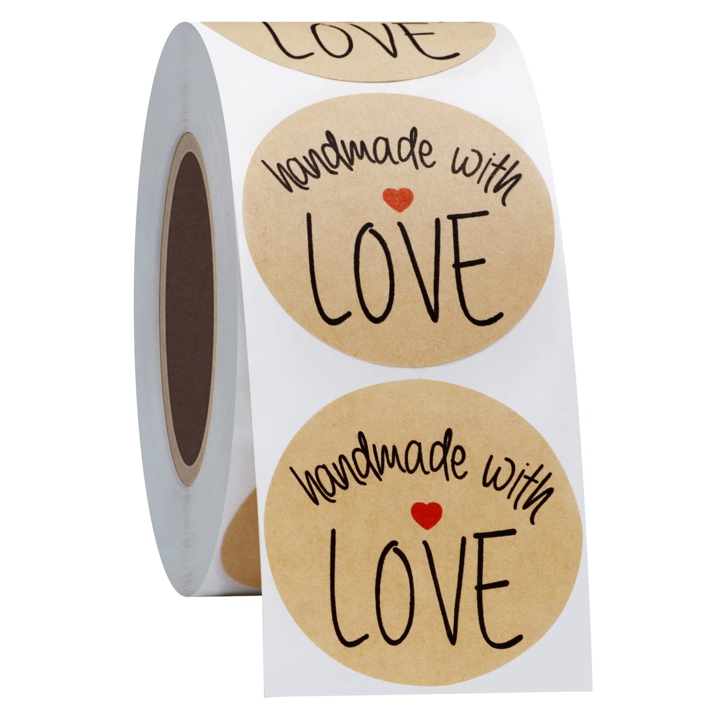 Hybsk Kraft Handmade with Love Stickers with Black Font 1.5" Inch Round Total 500 Adhesive Labels Per Roll