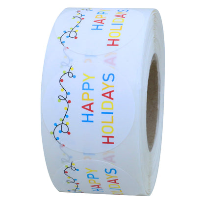 Hybsk Holiday String of Lights Happy Holidays Stickers Merry Christmas Stickers- 1.5" Circle Labels / 500 per Roll