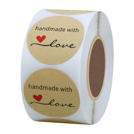 Hybsk Kraft Handmade with Love Stickers 1.5" Inch Round Total 500 Adhesive Labels Per Roll