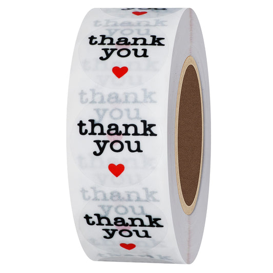Hybsk Thank You Stickers with Black Heart 1 Inch Round 1,000 Adhesive Labels Per Roll (Transparent Material)