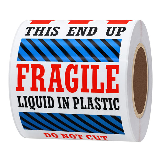 Hybsk 3 x 5 Fragile Liquid in Plastic This End Up Safe Handling Stickers for Shipping and Packing - 100 Adhesive Labels Per Roll