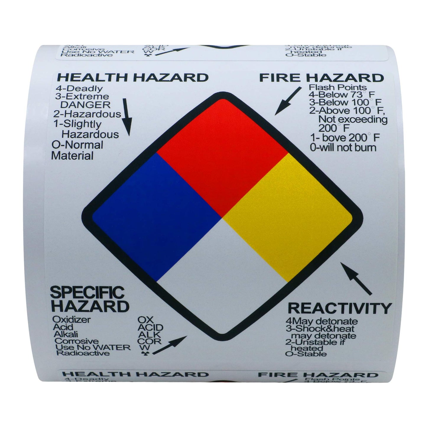 Hybsk Right to Know Labels Health Fire Reactivity Specific Hazard 4 x 4 Inch Square 100 Adhesive Stickers