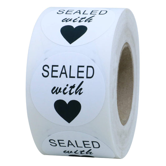 Hybsk White Circle with Black Sealed with Heart Stickers 1.5 inch Total 500 Labels on a Roll