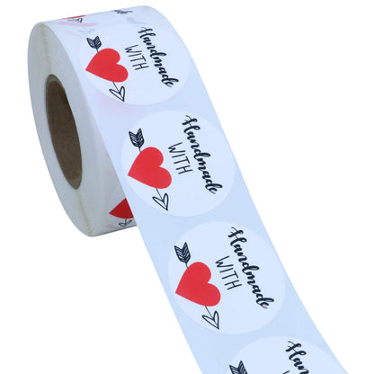 Hybsk Handmade with Love Stickers with Red Love Heart 1.5 Inch Round Total 500 Labels Per Roll