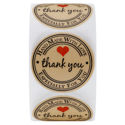 Hybsk Kraft Thank You Hand Made with Love with Red Heart Stickers 1.5" Inch Round Total 500 Adhesive Labels Per Roll