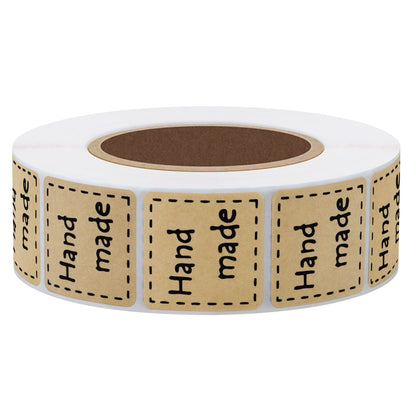 Hybsk Kraft Handmade Stickers with Black Font 1 Inch Square Total 1,000 Adhesive Labels Per Roll