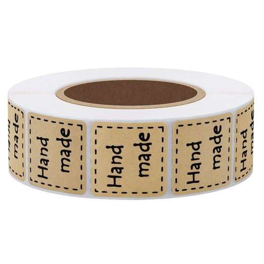 Hybsk Kraft Handmade Stickers with Black Font 1 Inch Square Total 1,000 Adhesive Labels Per Roll