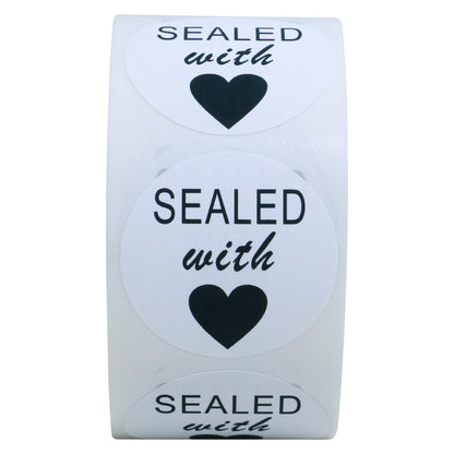 Hybsk White Circle with Black Sealed with Heart Stickers 1.5 inch Total 500 Labels on a Roll