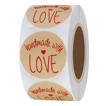 Hybsk Kraft Handmade with Love Stickers with Black Font 1.5" Inch Round Total 500 Adhesive Labels Per Roll