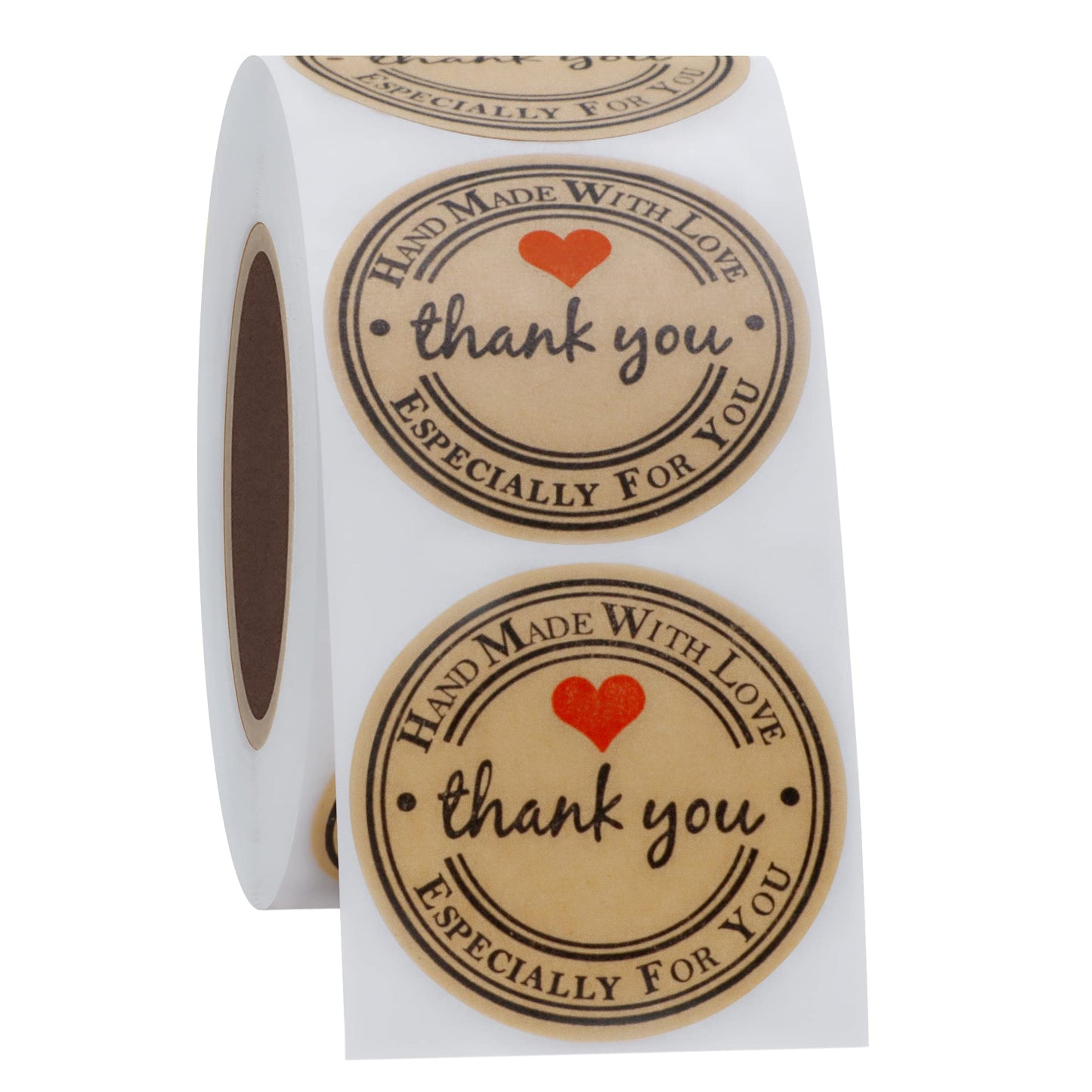 Hybsk Kraft Thank You Hand Made with Love with Red Heart Stickers 1.5" Inch Round Total 500 Adhesive Labels Per Roll