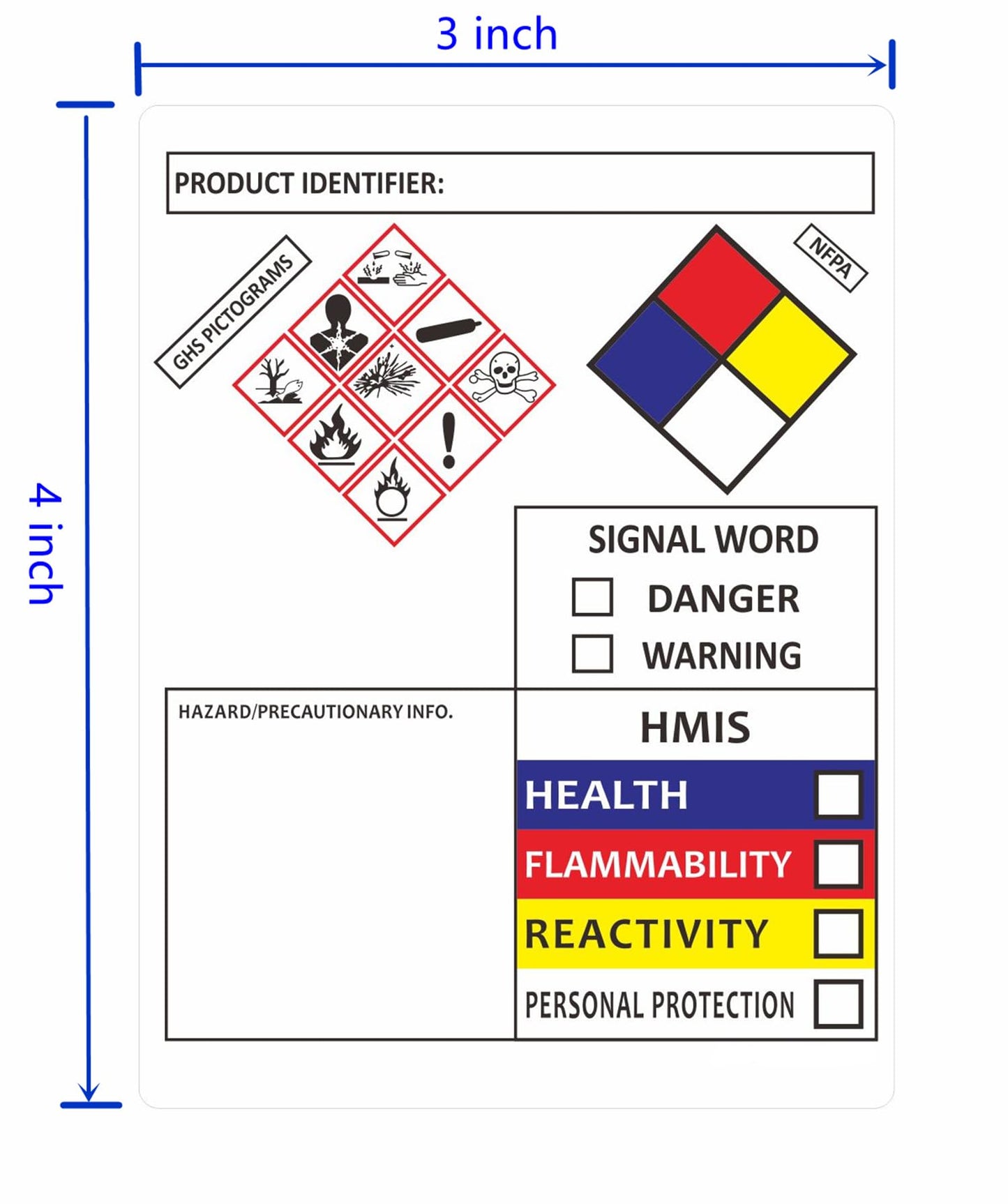 Hybsk SDS OSHA Labels for Chemical Safety Data 4 x 3 Inches | MSDS Stickers with GHS Pictograms | HMIS & Hazard Compliant Stickers 100 Labels per Roll