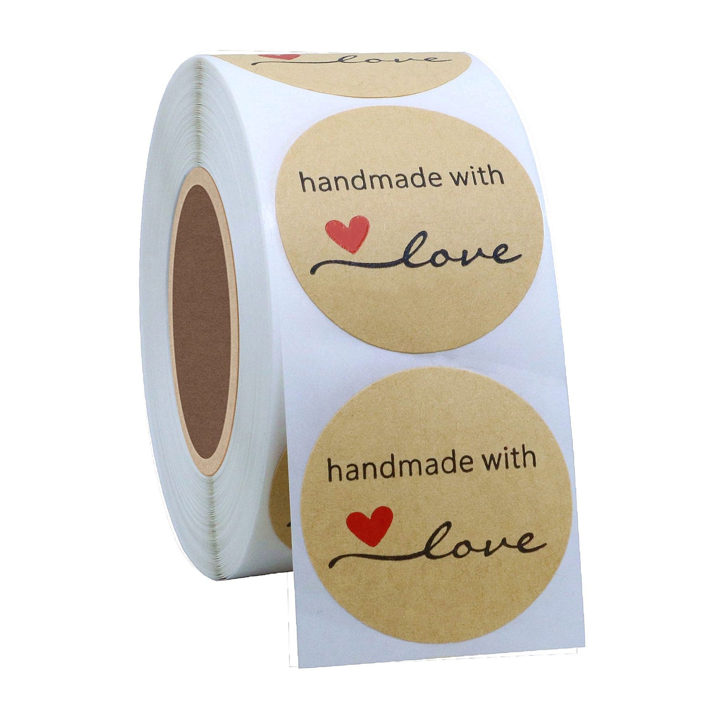 Hybsk Kraft Handmade with Love Stickers 1.5" Inch Round Total 500 Adhesive Labels Per Roll