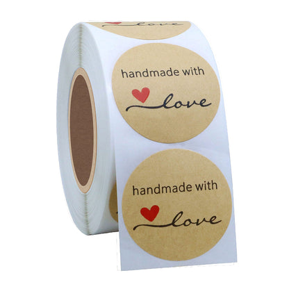 Hybsk Kraft Handmade with Love Stickers 1.5" Inch Round Total 500 Adhesive Labels Per Roll