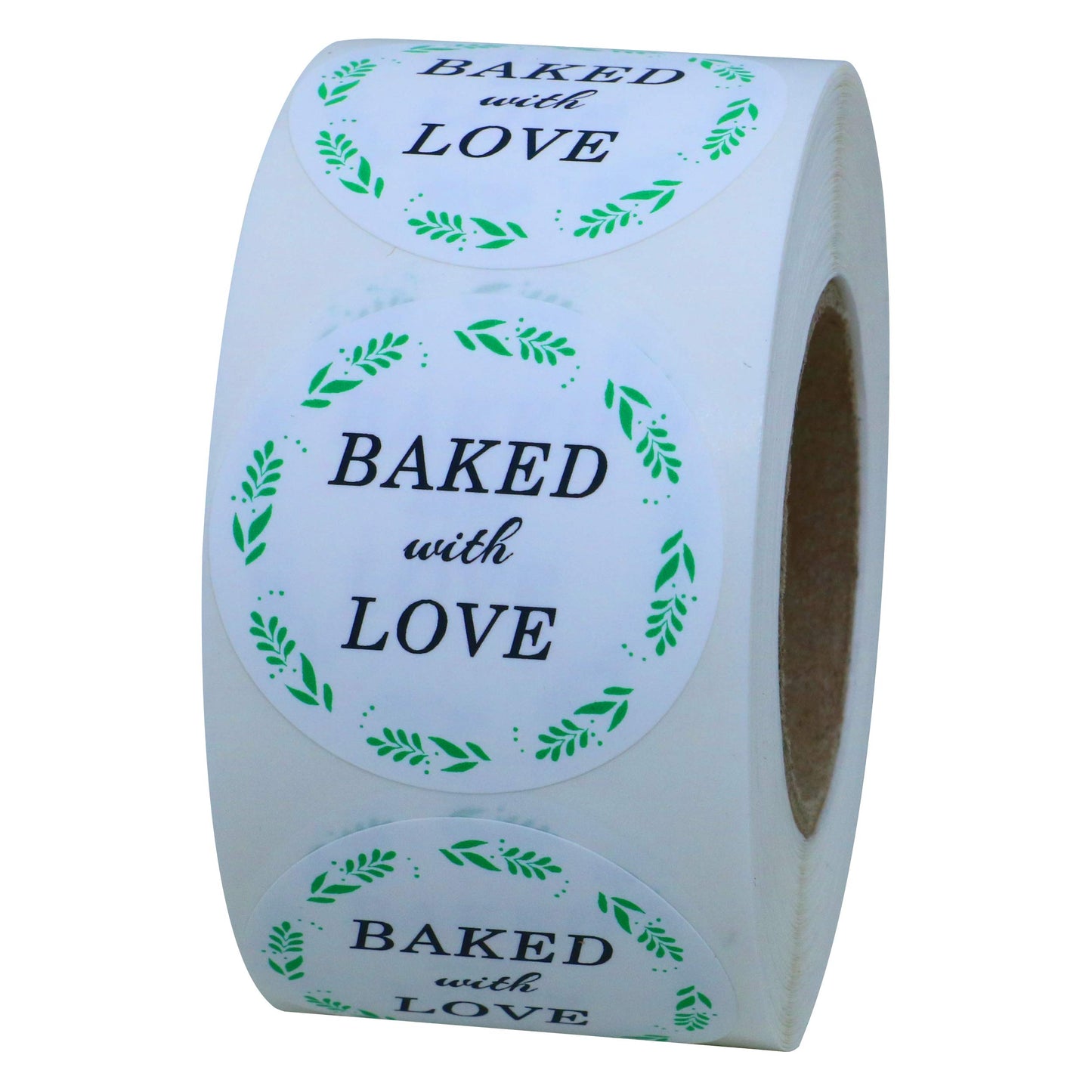 Hybsk Rustic Baked with Love Stickers with Wreath Around 1.5" Inch Round Total 500 Adhesive Labels Per Rol