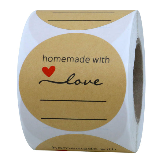 Hybsk Kraft Homemade with Love Stickers with Lines for Writing 2 Inch Round Total 300 Labels Per Roll