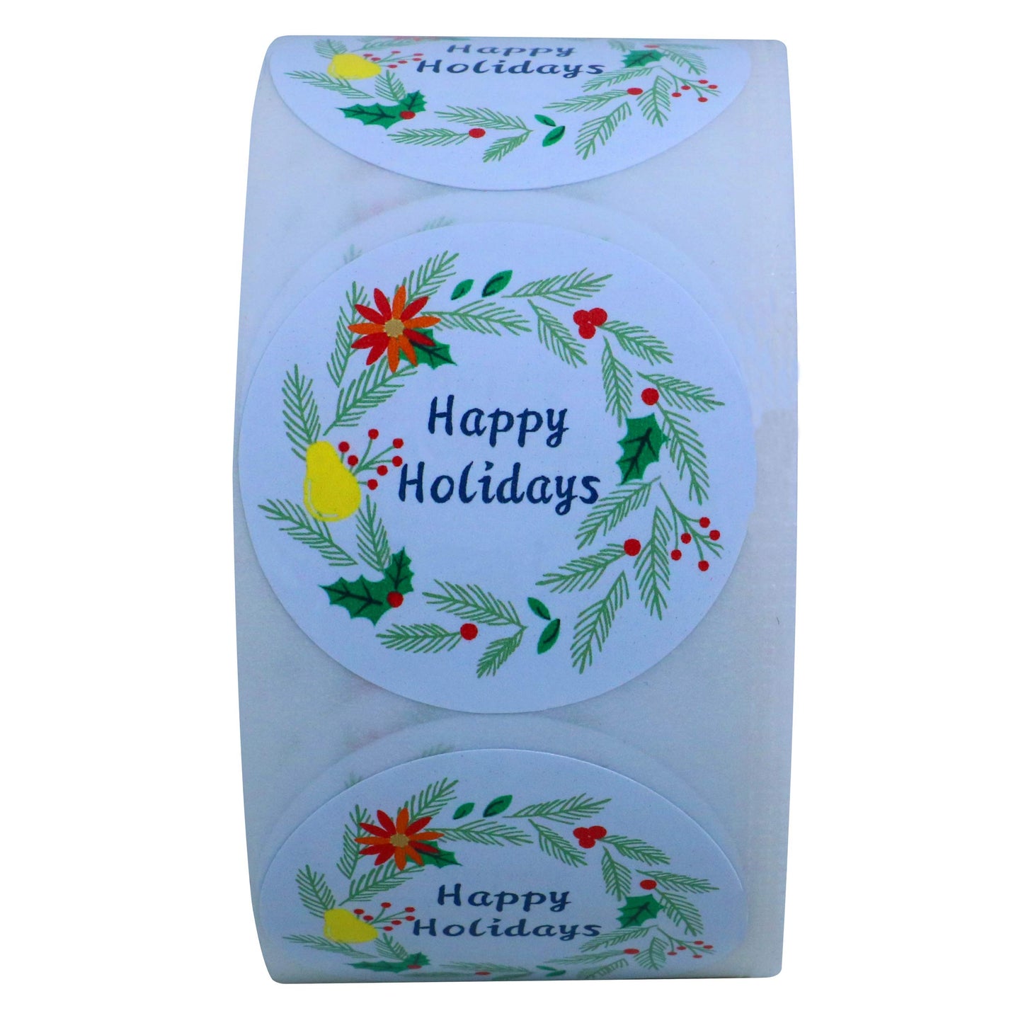 Hybsk Ivory Holiday Floral Happy Holidays Stickers Merry Christmas Stickers- 1.5" Circle Labels / 500 per Roll