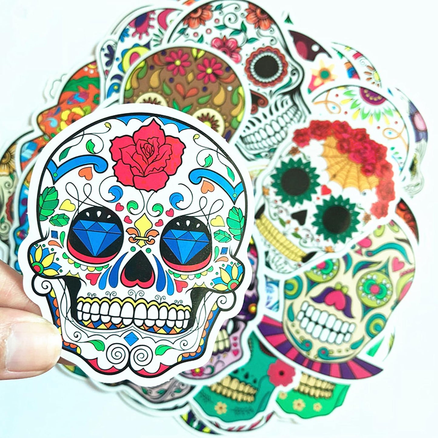 Hybsk Halloween Sugar Skull Stickers Waterproof Removable Day of The Dead Mexican Decals Dia de Los Muertos Decor Labels for Bottle Luggage Bike Skateboard PVC Decal (50 Pack)