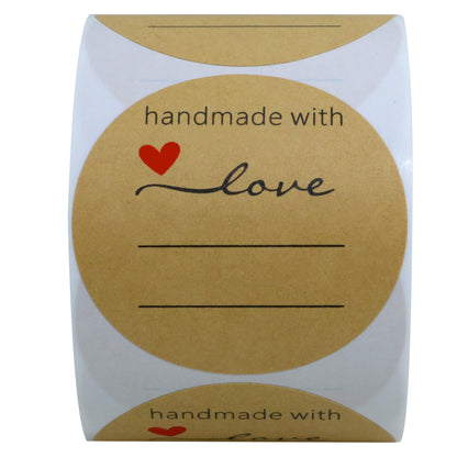 Hybsk Kraft Handmade with Love Stickers with Lines for Writing 2 Inch Round Total 300 Labels Per Roll