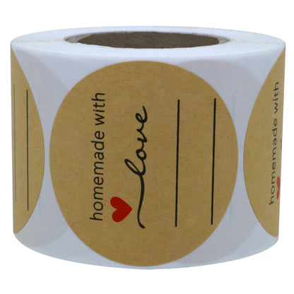 Hybsk Kraft Homemade with Love Stickers with Lines for Writing 2 Inch Round Total 300 Labels Per Roll