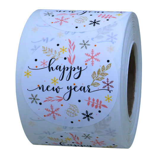 Hybsk Floral Happy New Year Stickers 2 inch Round Total 300 Labels on a Roll