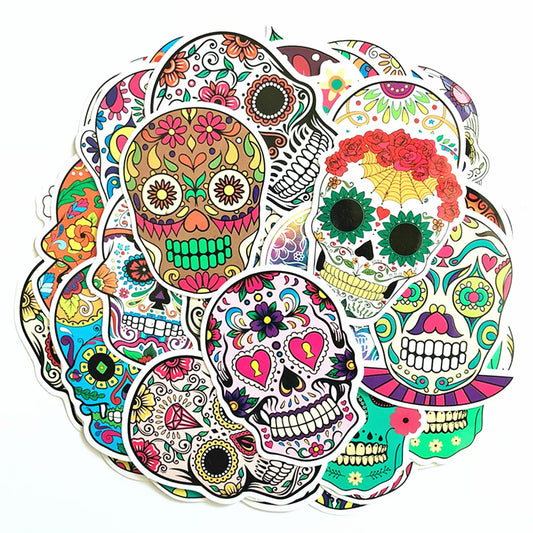 Hybsk Halloween Sugar Skull Stickers Waterproof Removable Day of The Dead Mexican Decals Dia de Los Muertos Decor Labels for Bottle Luggage Bike Skateboard PVC Decal (50 Pack)