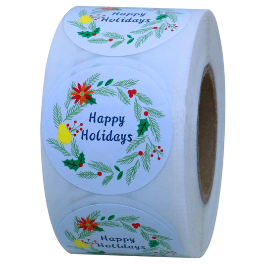 Hybsk Ivory Holiday Floral Happy Holidays Stickers Merry Christmas Stickers- 1.5" Circle Labels / 500 per Roll