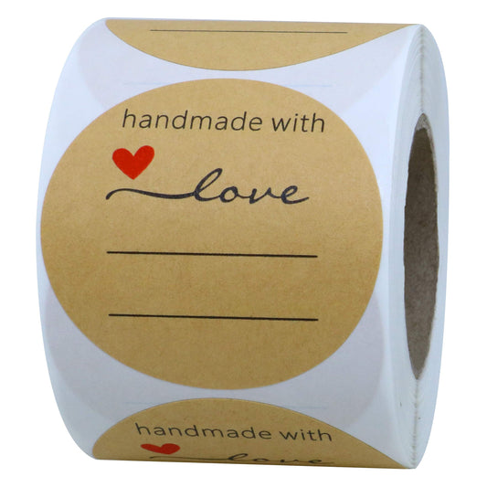 Hybsk Kraft Handmade with Love Stickers with Lines for Writing 2 Inch Round Total 300 Labels Per Roll