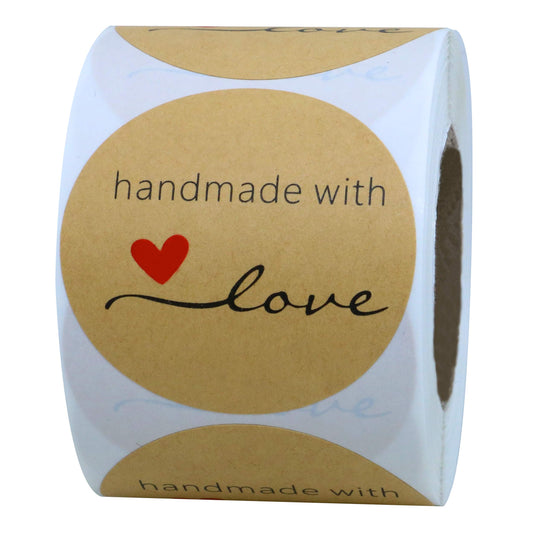 Hybsk Kraft Handmade with Love Stickers 2 Inch Round Total 300 Labels Per Roll