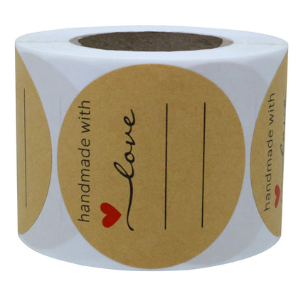 Hybsk Kraft Handmade with Love Stickers with Lines for Writing 2 Inch Round Total 300 Labels Per Roll