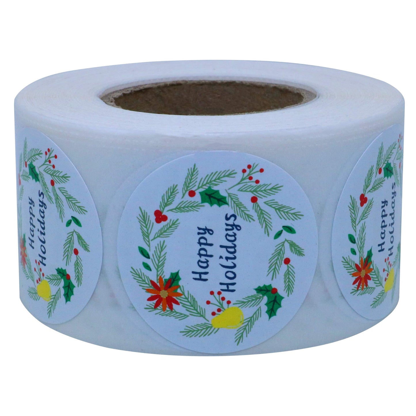 Hybsk Ivory Holiday Floral Happy Holidays Stickers Merry Christmas Stickers- 1.5" Circle Labels / 500 per Roll